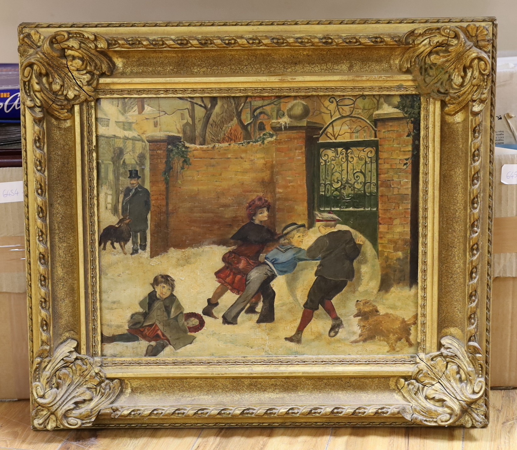 Early 20th century English School, oil on panel, Children building a snowman, 32 x 39cm